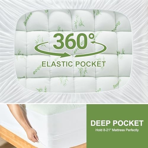 King Size Bamboo Mattress Topper - Soft Thick Pillow Top, Cooling Protector, Dee