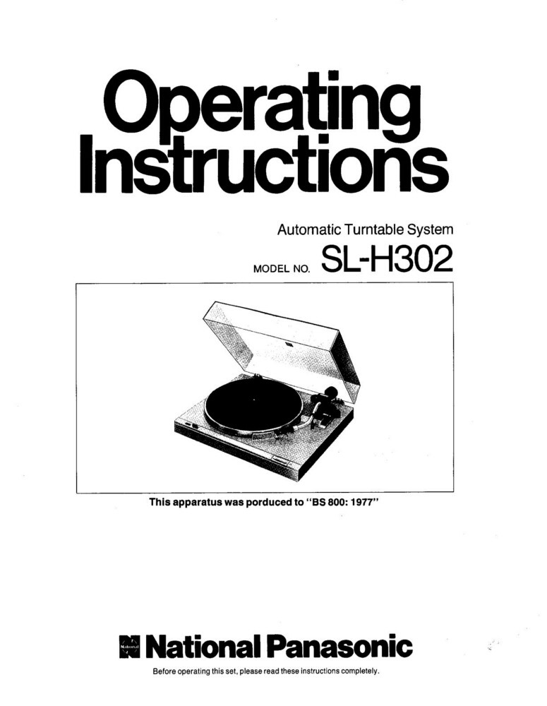 Technics SL-H302 Turntable Owners Instruction Manual Reprint