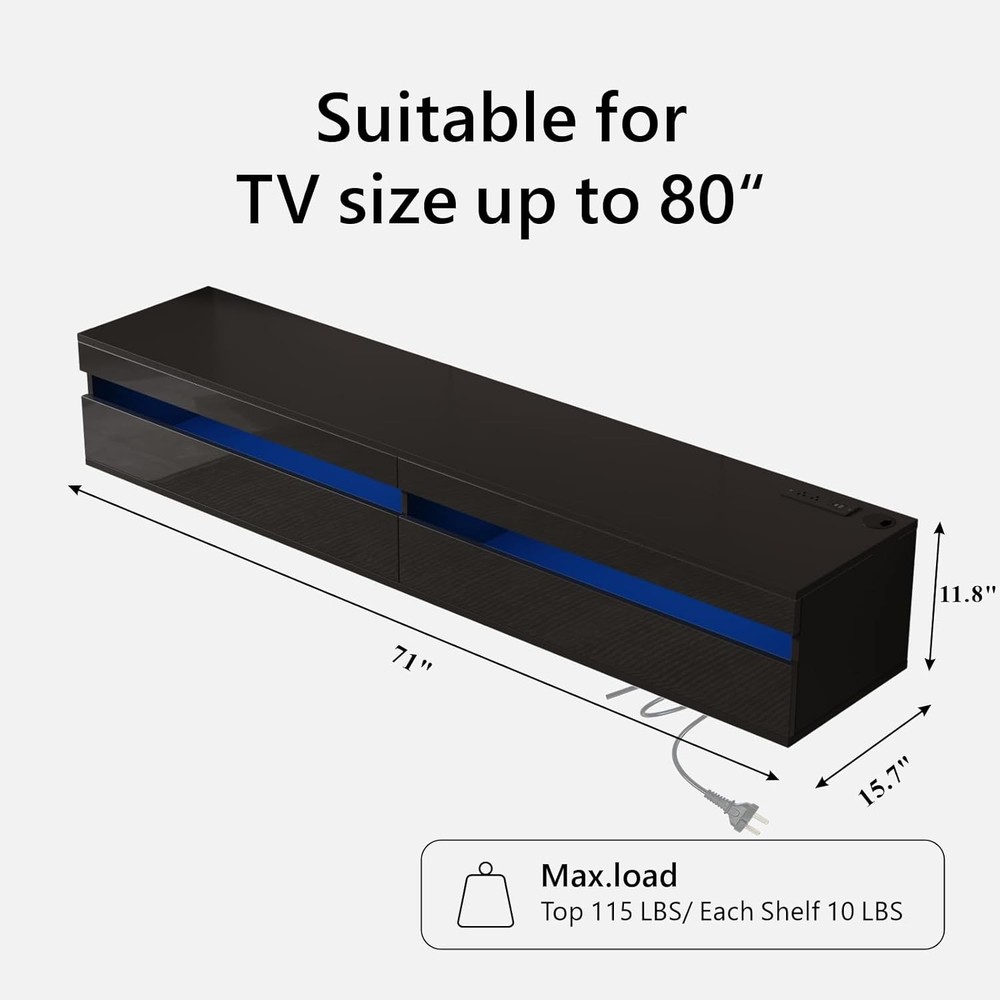 Solid Wood Floating TV Stand W/ LED Lighting & Power Outlet,71" High-Gloss