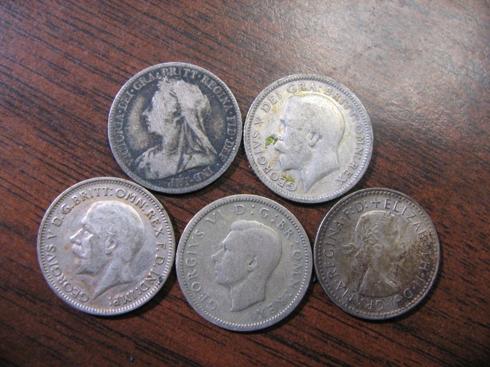 5 Different SILVER 6 Pence, 4 Different Monarchs, 1893-1962