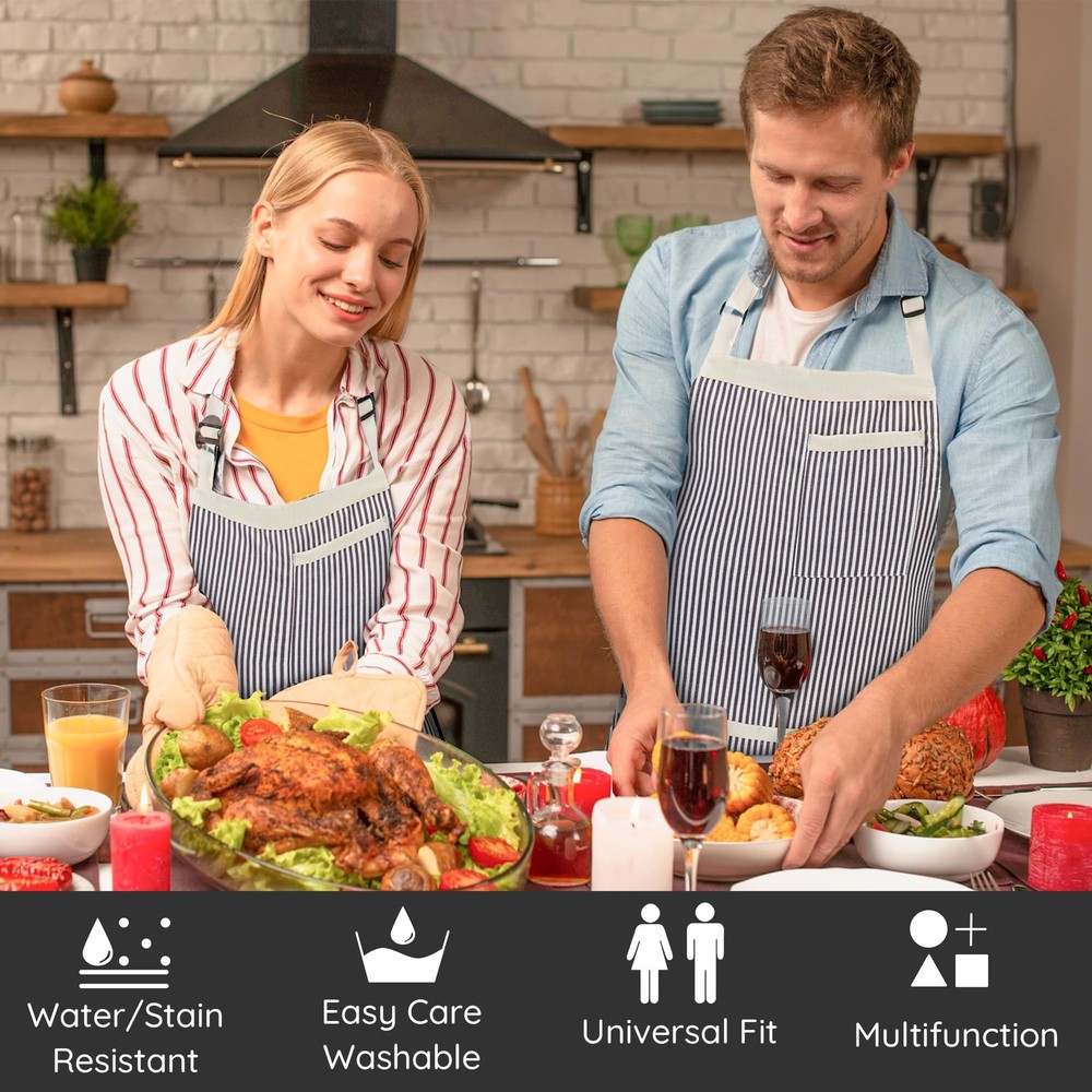 2 Pack Stripe Kitchen Apron, Adjustable Bib Apron with 3 Pockets, Chef Aprons...