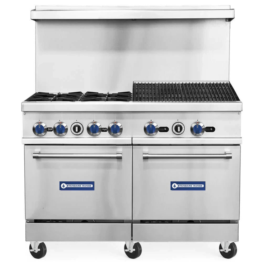 48" Range - 4 top burners + 2 charbroilers and 2 standard ovens