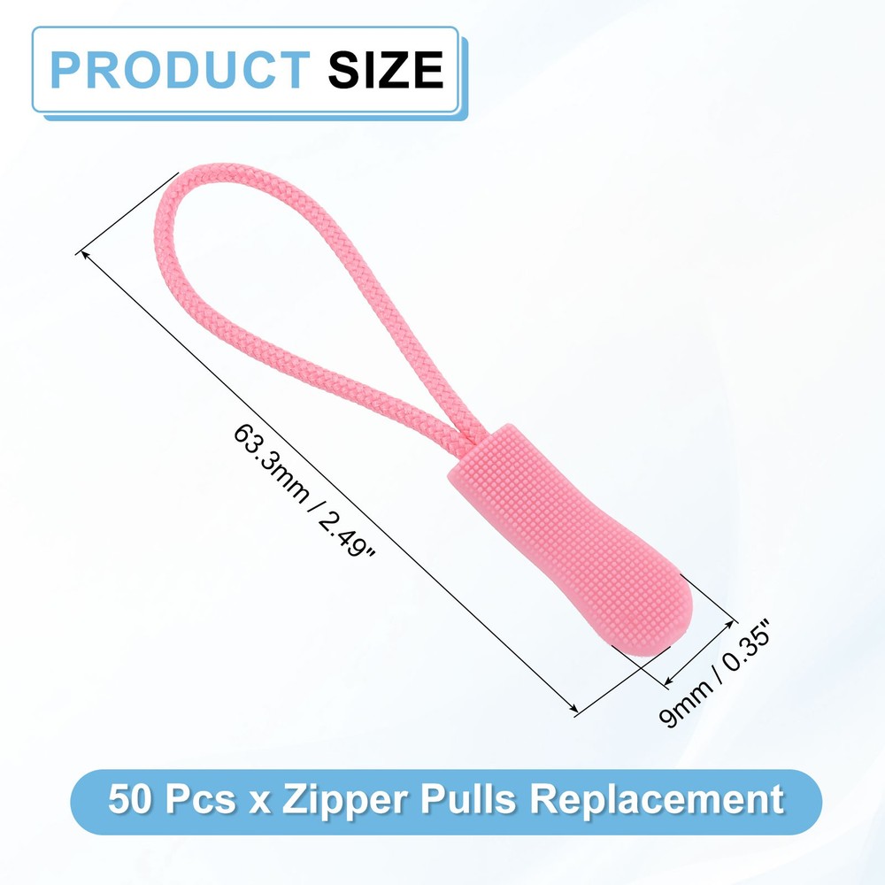 50Pcs Zipper Pulls Replacement Cord Extender, 63.3mm Pink