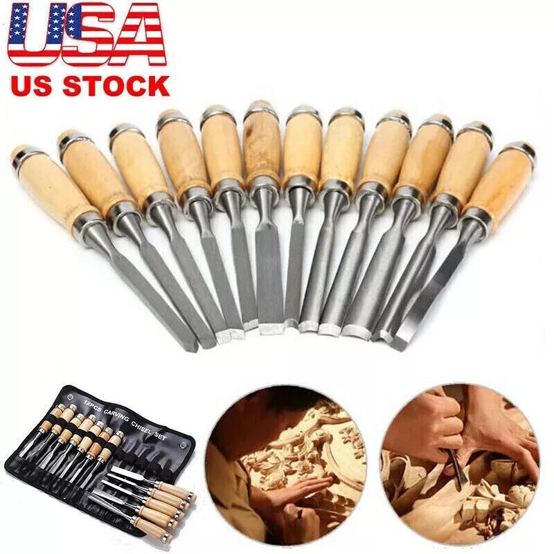 12 Pcs Wood Carving Hand Chisel Tool Set Professional Woodworking Gouges Steel