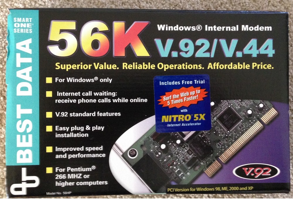 BEST DATA 56K WINDOWS INTERNAL PCI MODEM, V.92/V.44 - UNUSED, NEW IN BOX