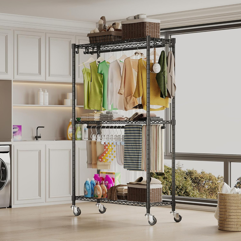 Heavy Duty Rolling Garment Rack, 480 LBS Capacity, Adjustable Shelves, Black