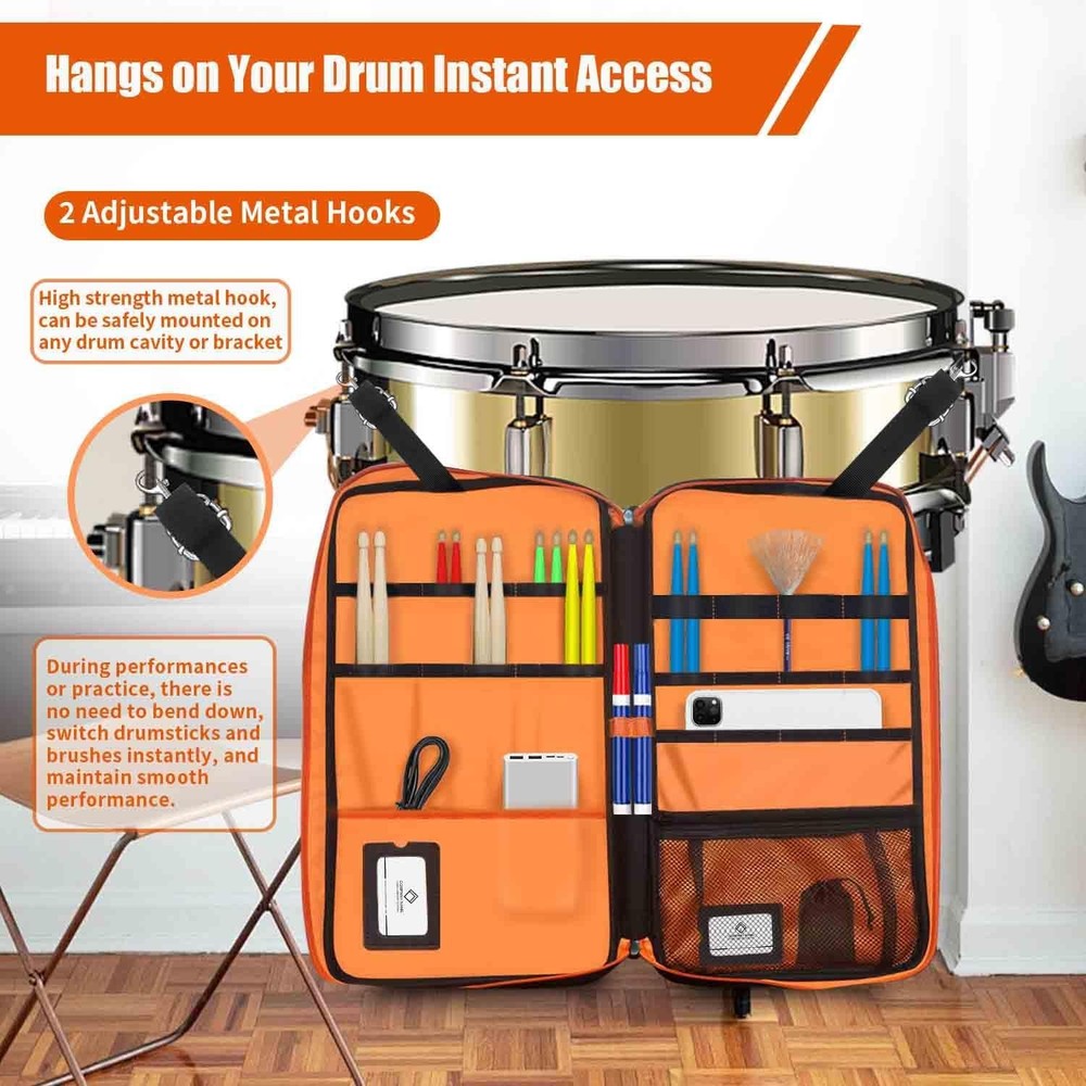 Large Capacity Drum Stick Bag with Hook & Adjustable Strap for Percussion