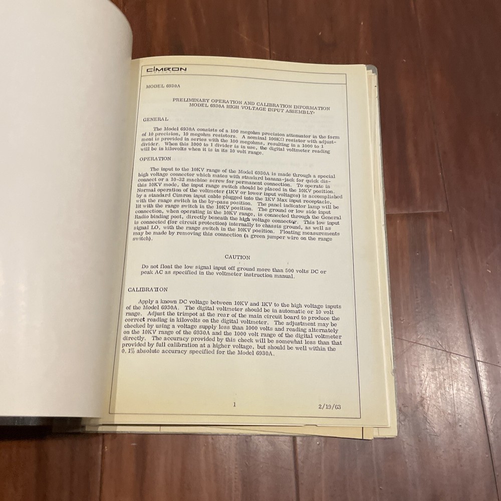 Cimron 6930A High Voltage Input Assembly Operation & Calibration Manual