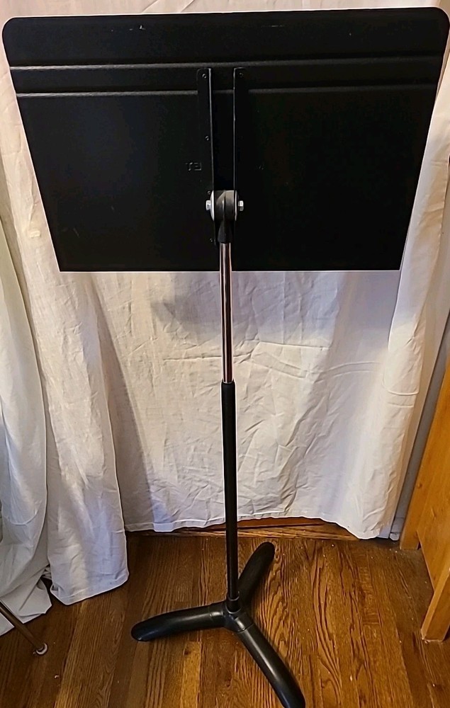 Manhasset music stand, plain solid black metal, tripodal base, detachable light