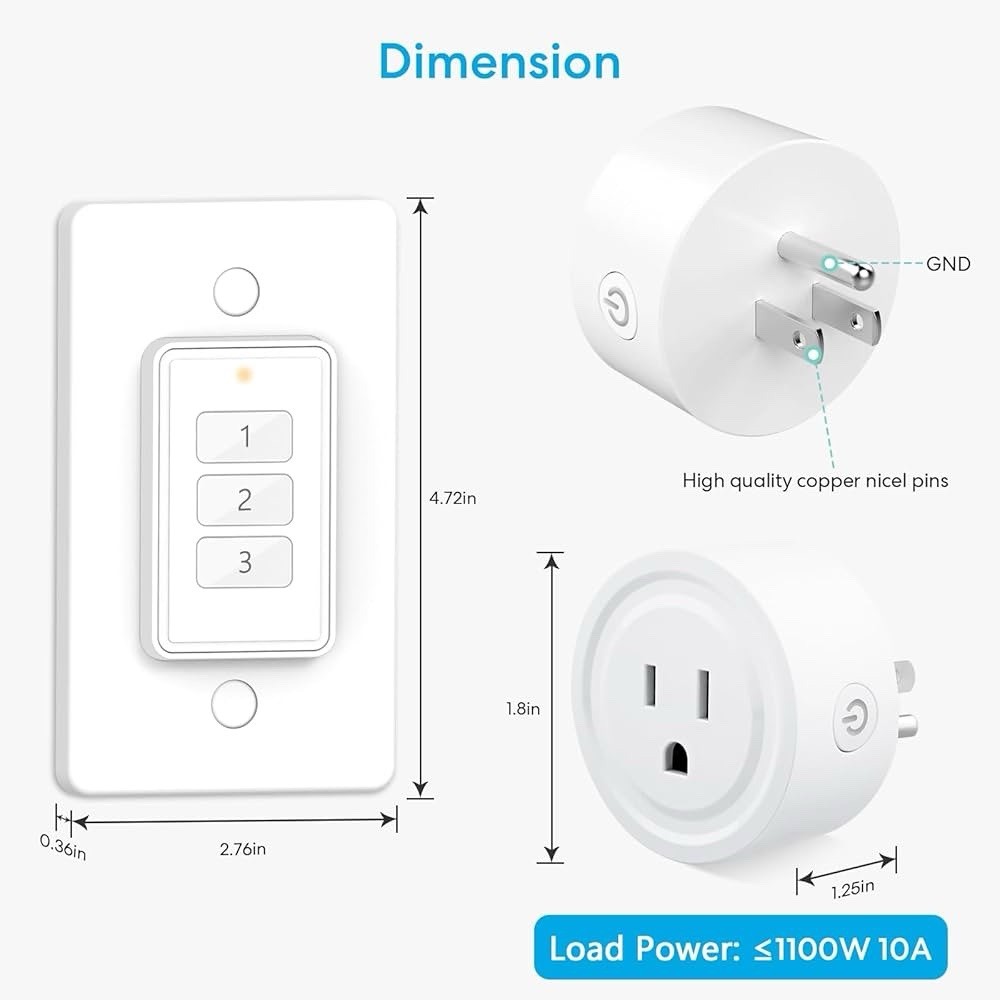 656ft Wireless Wall-Switch: Remote Control Outlet 3 Pack 1Remote for 3 Plugs