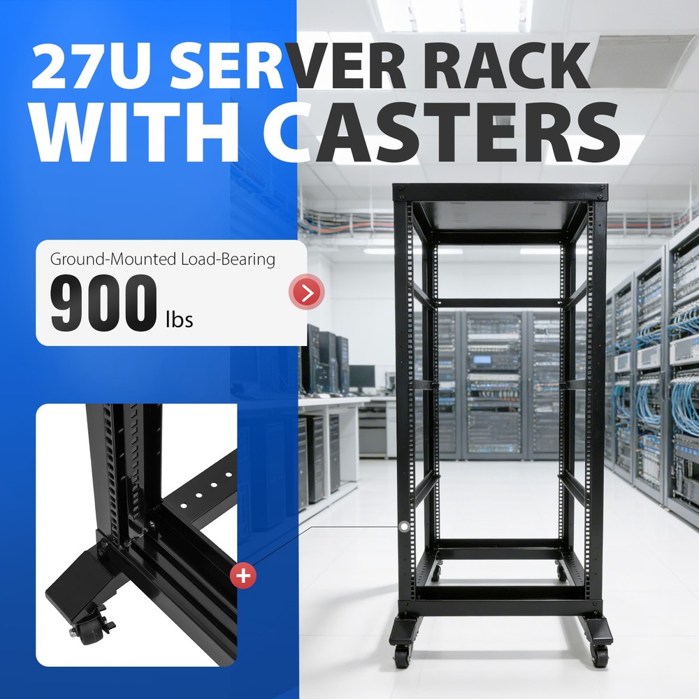 27U Open Frame Server Rack Network Enclosure w/Casters 4 Post 22" Adjustable