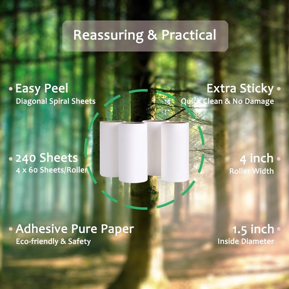 Lint Roller Refills Extra Sticky 4-Inch 60 Sheets/Roll 4 Pack 240 Total Sheets