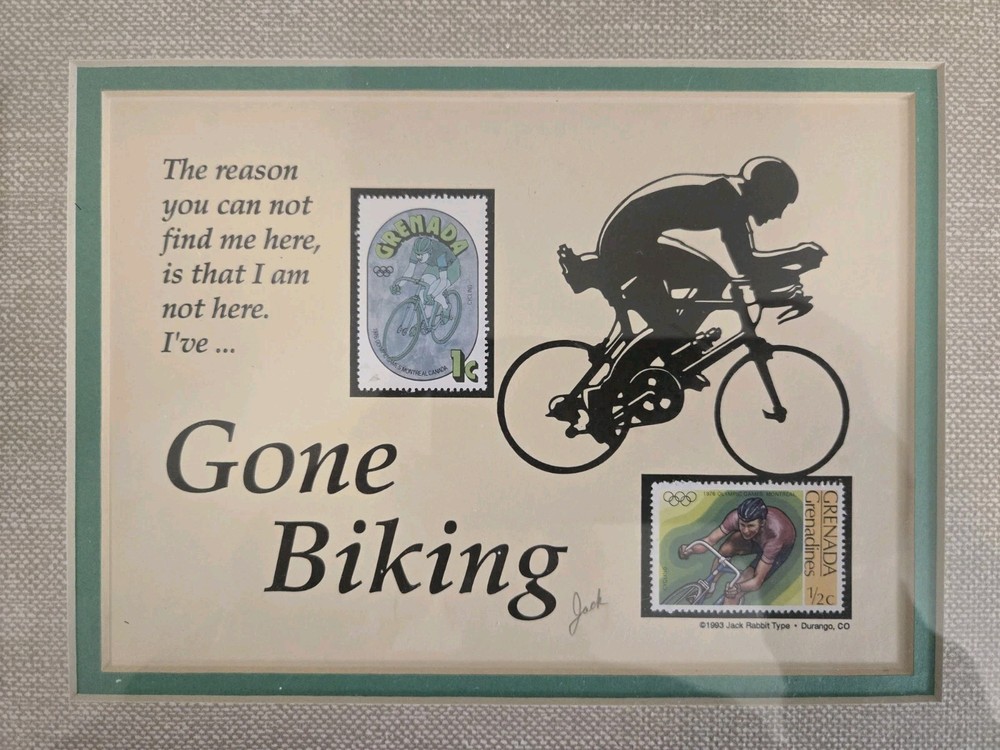Vintage Framed Postage Stamp Art “Gone Biking” Jack Rabbit Studio 1993 Signed