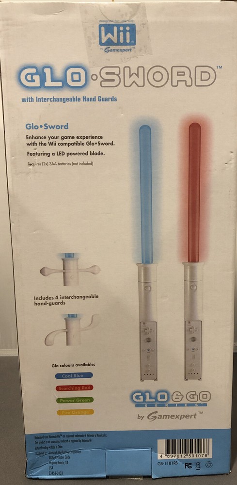 Wii Glo Sword 2 Pack Blue & Red with 4 Handle Guards NIB