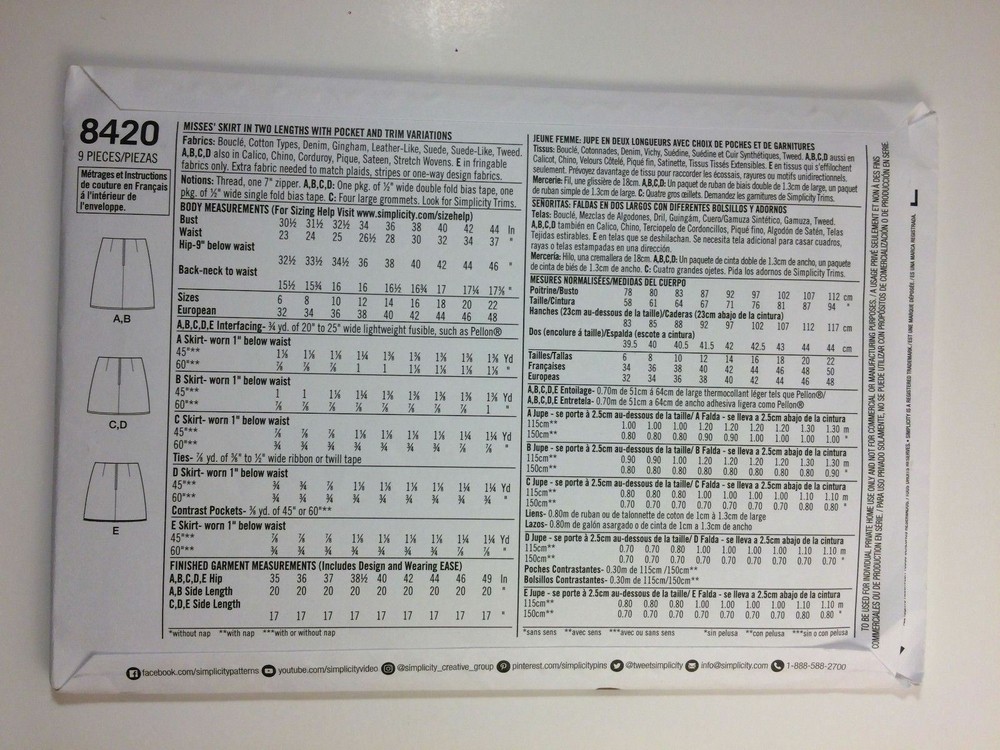 Simplicity Sewing Pattern 8420 Misses' Skirts in Two Lengths with Pockets & ...