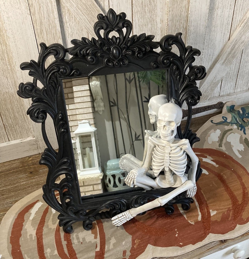 Skeleton Mirror | Halloween Gothic Decor | Ornate Black Framed Mirror