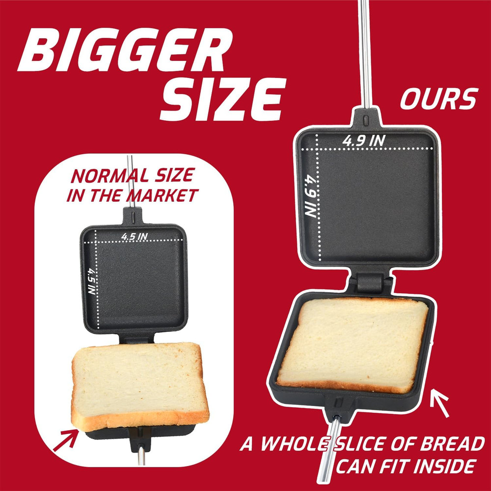 Large Cast Iron Campfire Pie Iron Sandwich Maker - 2 Pcs with Storage Bag