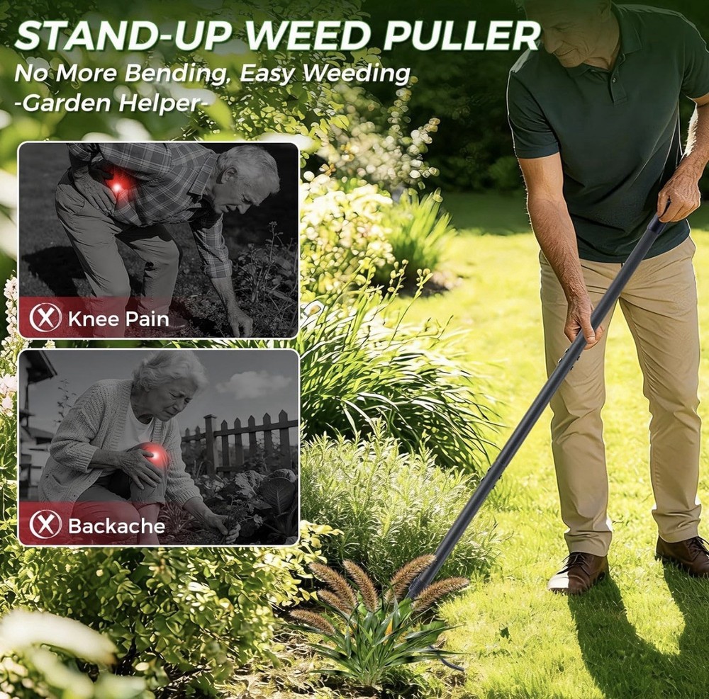 Weed Puller Stand Up Weed Puller Tool with Steel Long Handle & 4 Claw Steel Head