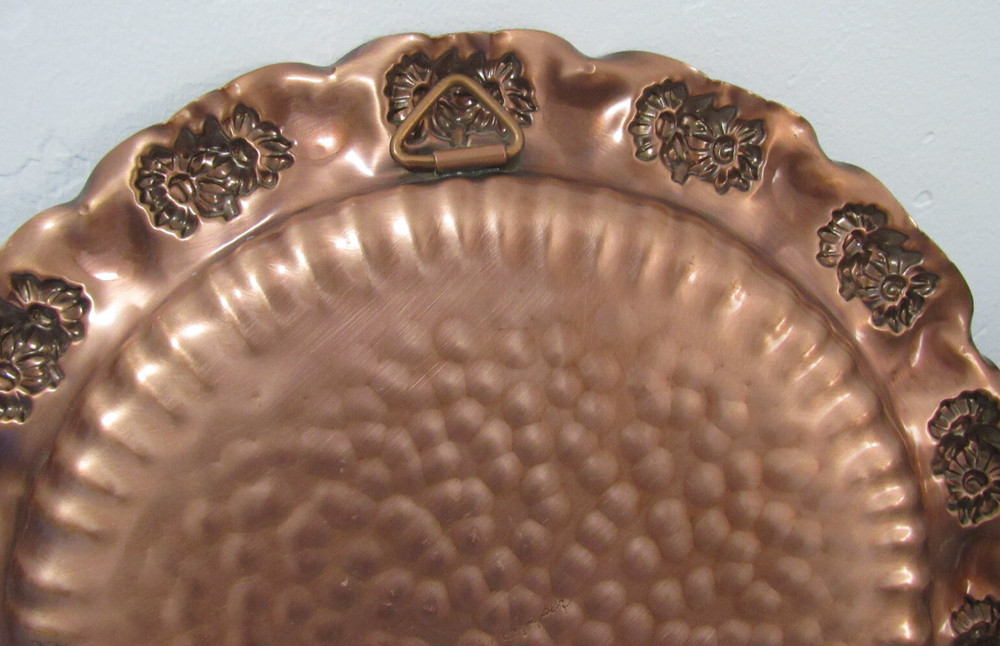 Solid Gregorian Copper Hammered Plate Flowers Wall Hanger Folk Art