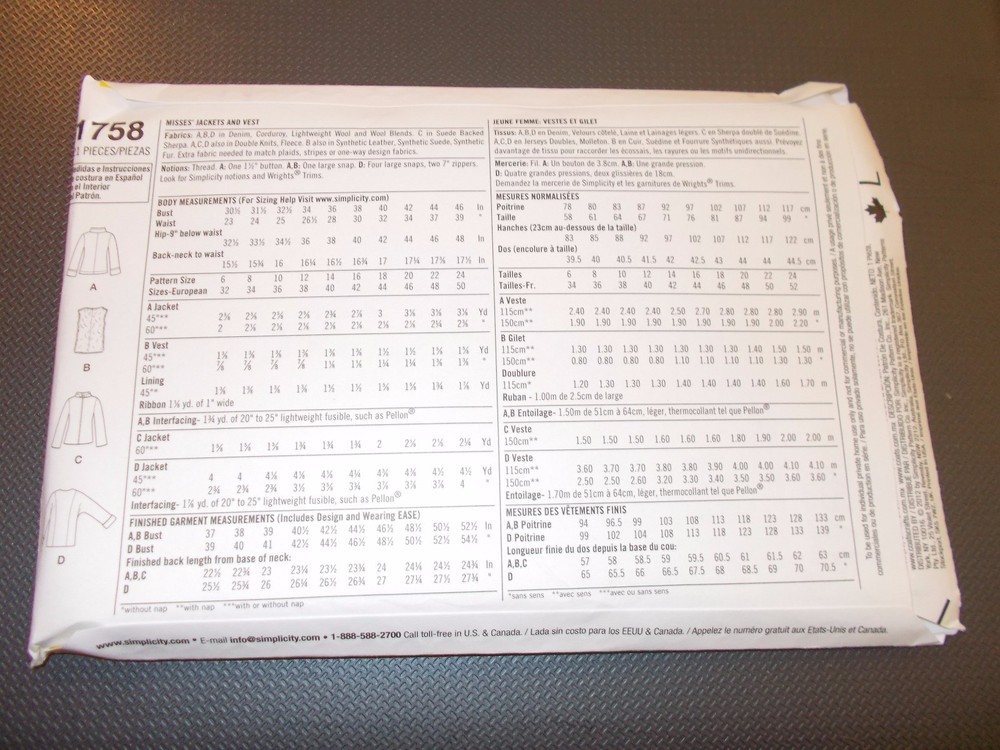 Simplicity Pattern 1758 Ms Jackets & Vest w/Front Opening Variations