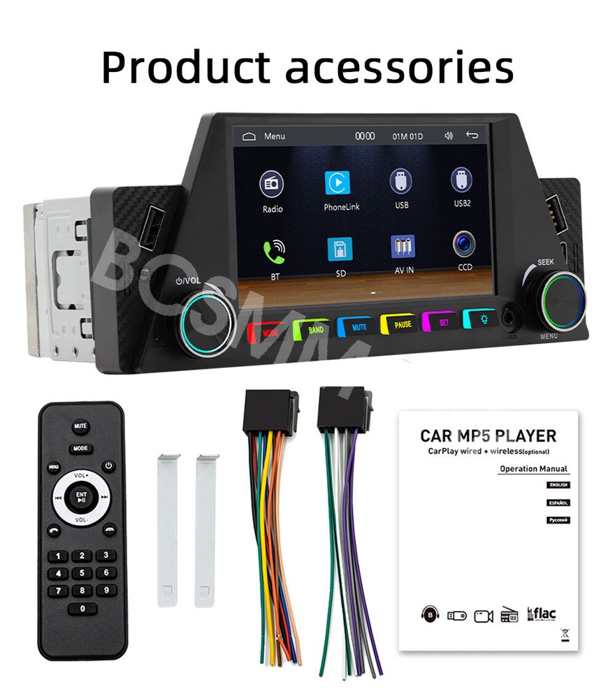 Single 1Din Car Stereo Radio Head Unit For Apple CarPlay Android Auto Bluetooth