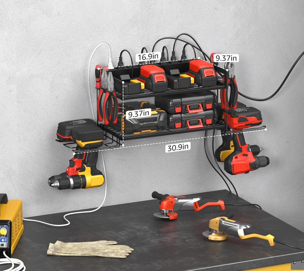 Garage Tools Storage with Charging Station. Power Tool Battery Organizer Utility