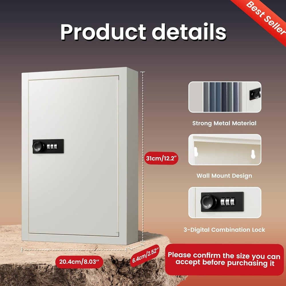 Key Lock Box for Keys with Code, Key Box Wall Mount Cabinet, Resettable Combi...