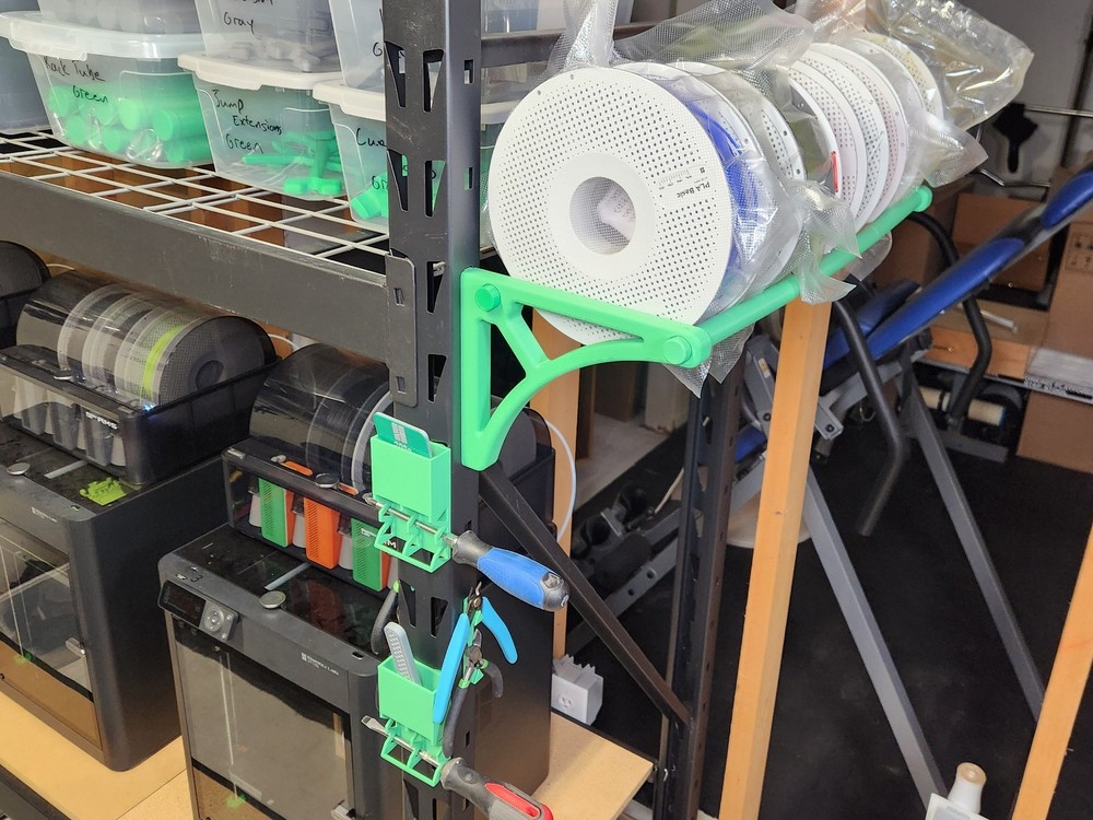 Filament spool and tool storage for 77" Muscle Gorilla rack 3D printer workspace