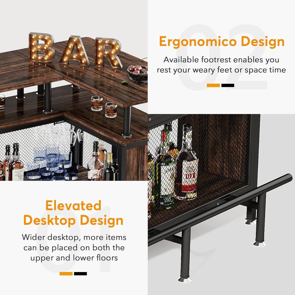 Rustic Home Bar Unit, L-Shaped Bar Table with Stemware Racks and 2-Tier Shelves