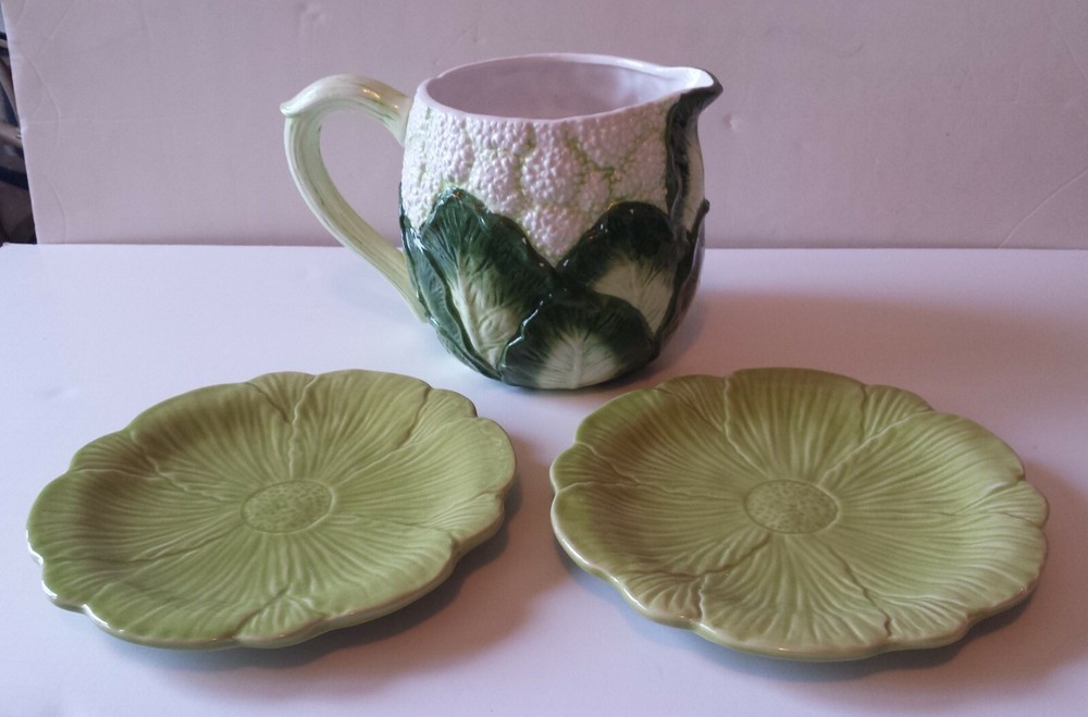 Unique Cauliflower Ceramic Pitcher with Two coordinating Green Flower Plates