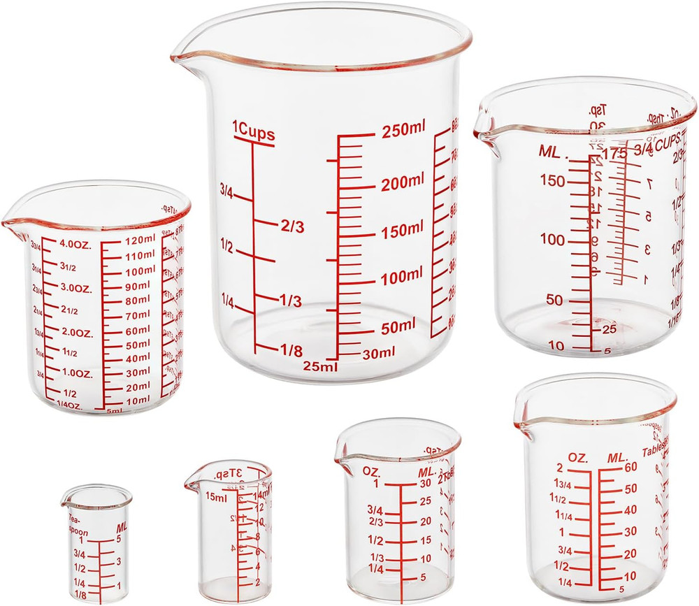 Ackers 7-Piece Glass Measuring Cup Set, Borosilicate Beaker Style Nesting Liquid