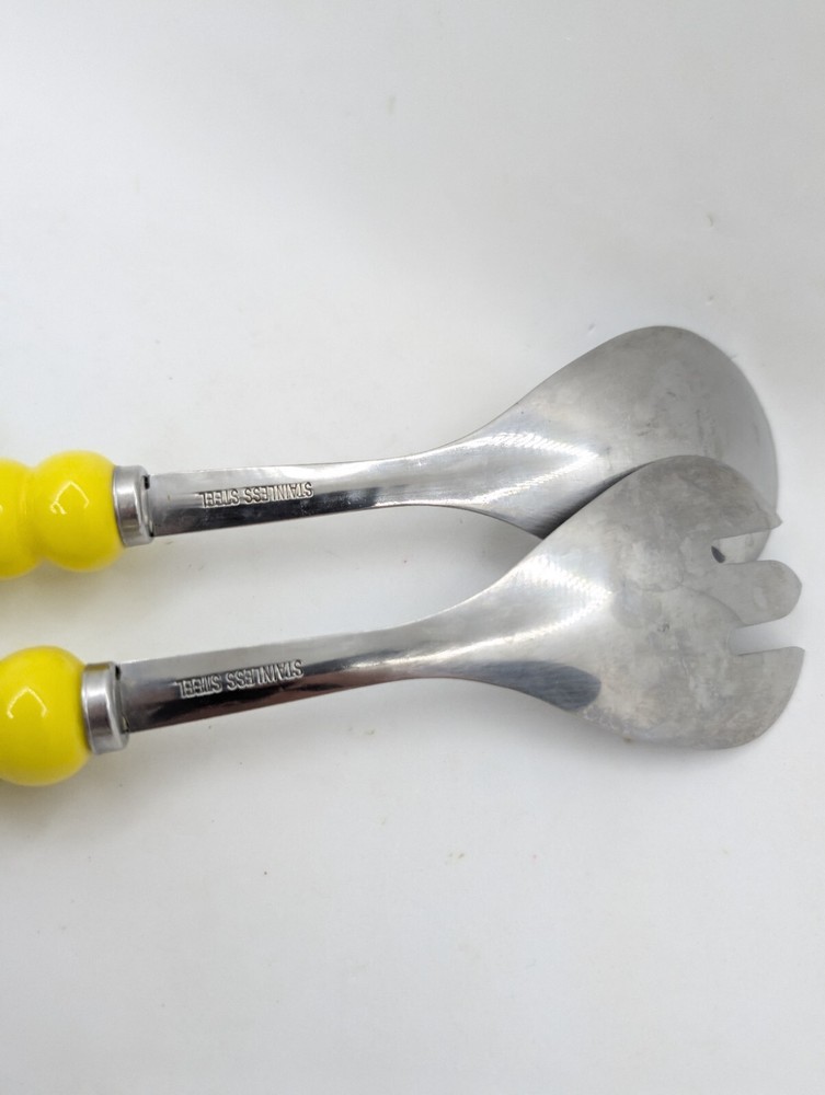 Set Serving Fork & Spoon Salad Ceramic Fish yellow vibrant 11.25" stainless