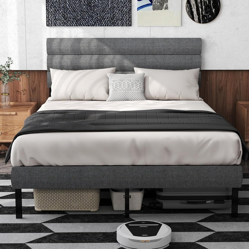 Queen Size Upholstered Bed Frame with Headboard Metal Platform Bed Frame Queen