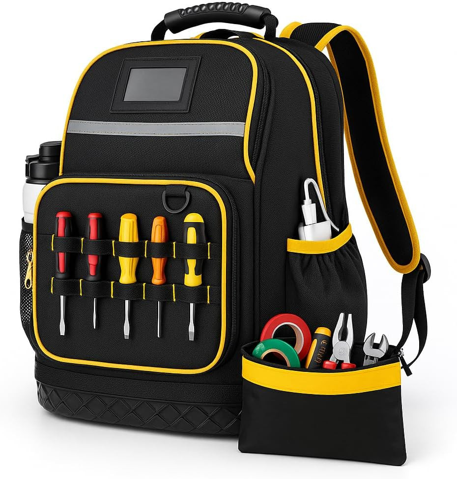 Rugged yet Comfortable Tool Backpack with Hard Molded Bottom and Tool Pouch, Hea