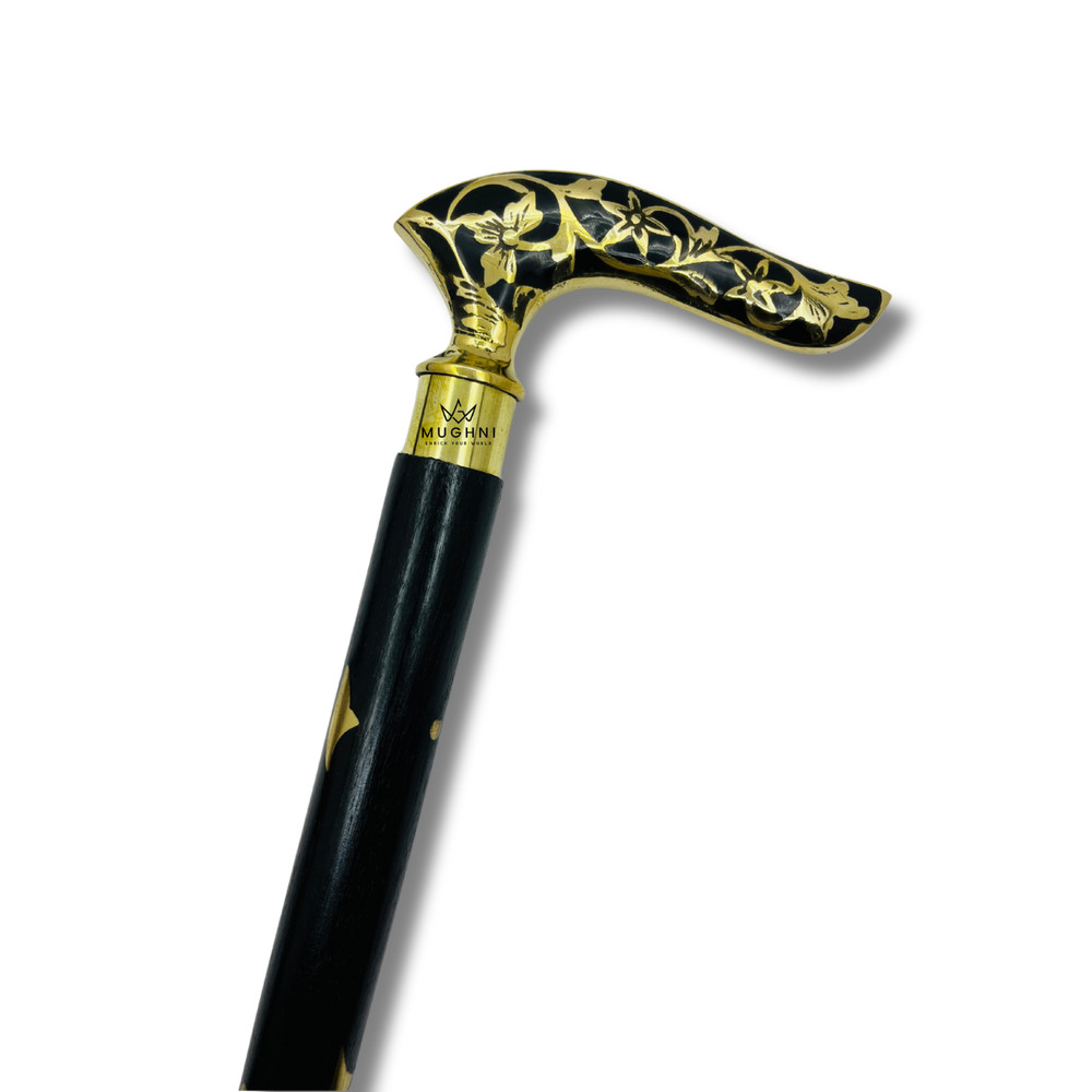 Walking Cane Foldable Brass Floral Handle Black Stick Mobility Gift Prop Use
