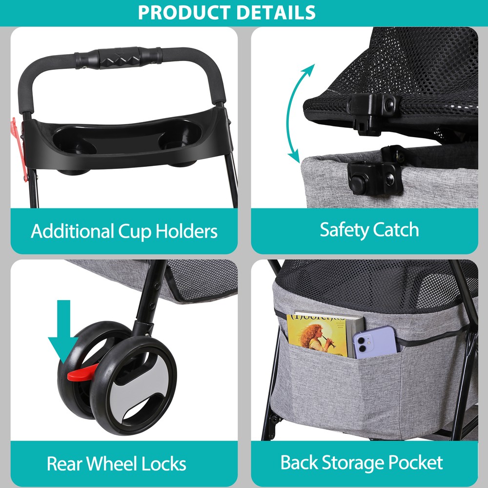 Dog Stroller Cat Stroller 3-in-1 Multifunctional 4 Wheels Lightweight Foldable