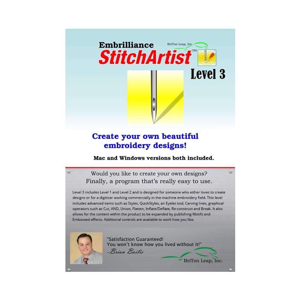 Embrilliance StitchArtist Level 3 Machine Embroidery Digitizing Software MAC/PC