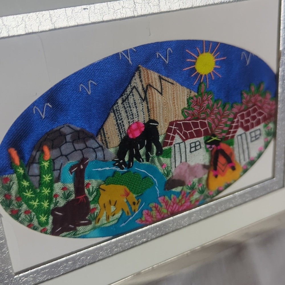 Framed Folk Boho Embroidery Patchwork Scene Hand-Stitched Textile Patchwork Art