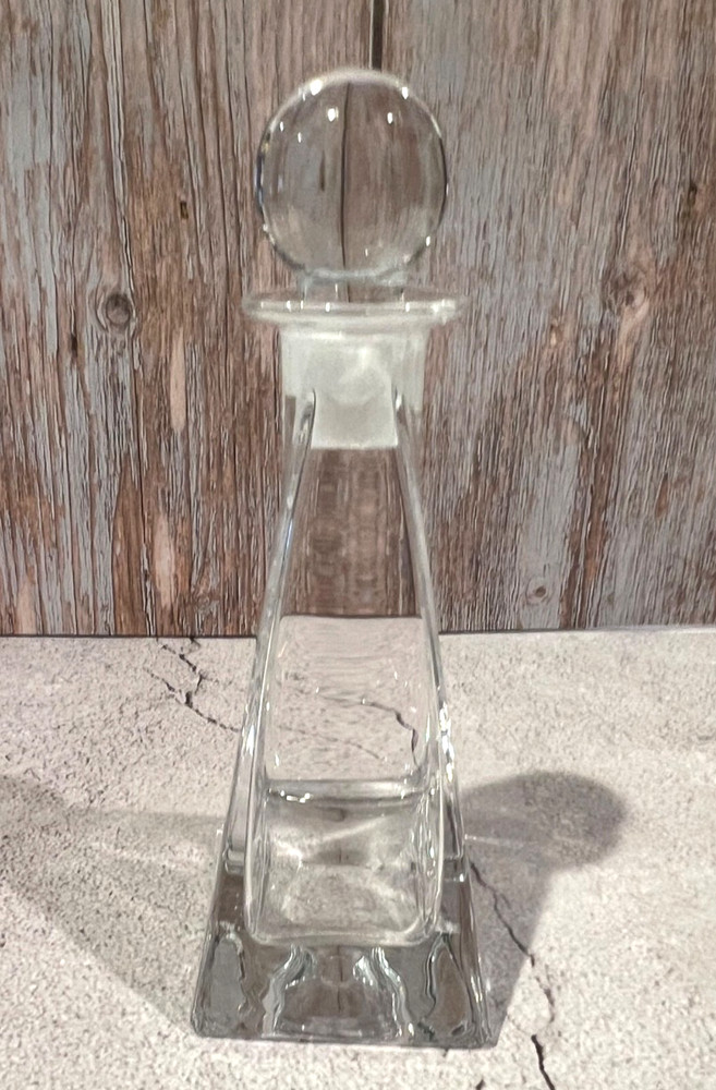 Vintage Clear Crystal Triangular Pyramid Perfume Bottle with Stopper 6.5" Tall