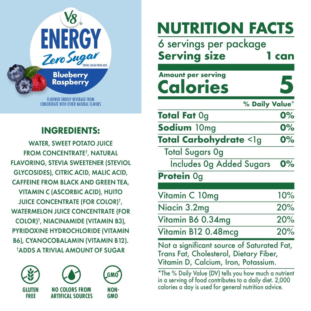 V8 Energy Zero Sugar Blueberry Raspberry, 8 fl. oz. Can 6 Pack