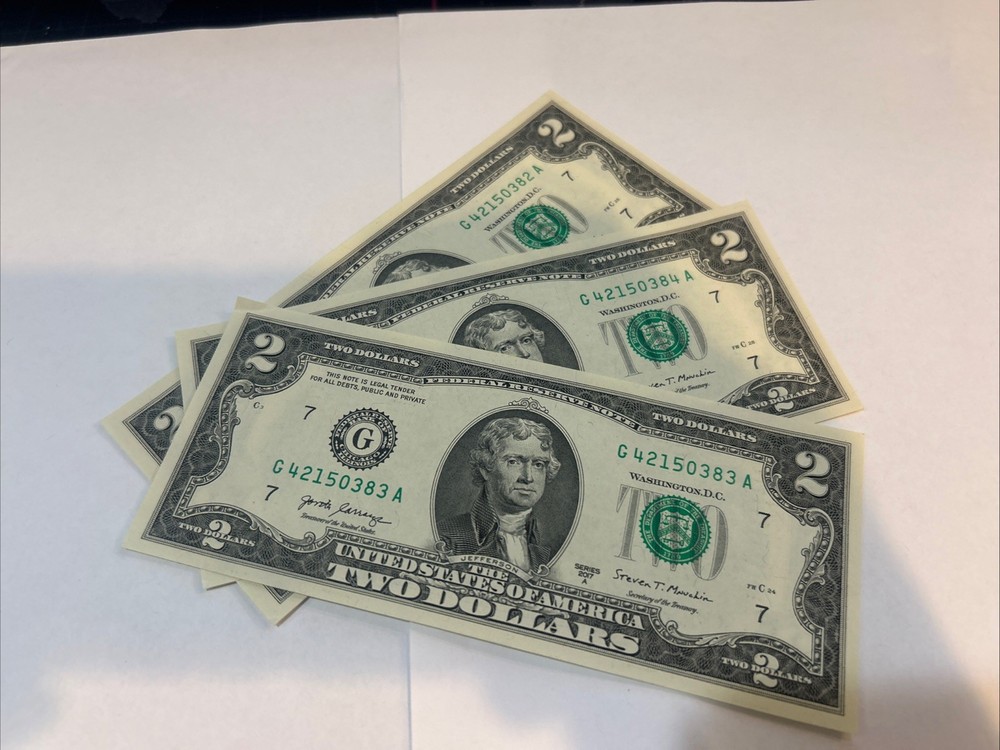 3 NEW Uncirculated $2 (Five) Dollar Bill Note USD BEP --2017