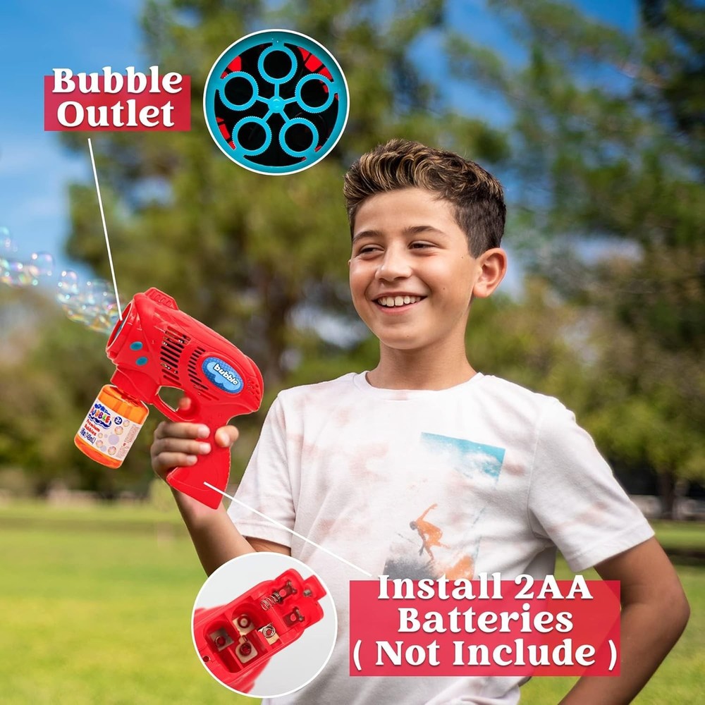 Kids Bubble Guns Set - 2 Blasters with 10 oz Safe Bubble Solution & Batteries