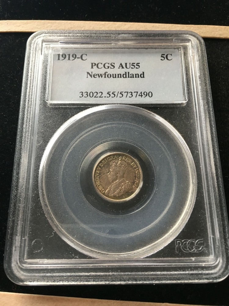 1919c  PCGS Graded Newfoundland Five ¢5 Cent, **AU-55**