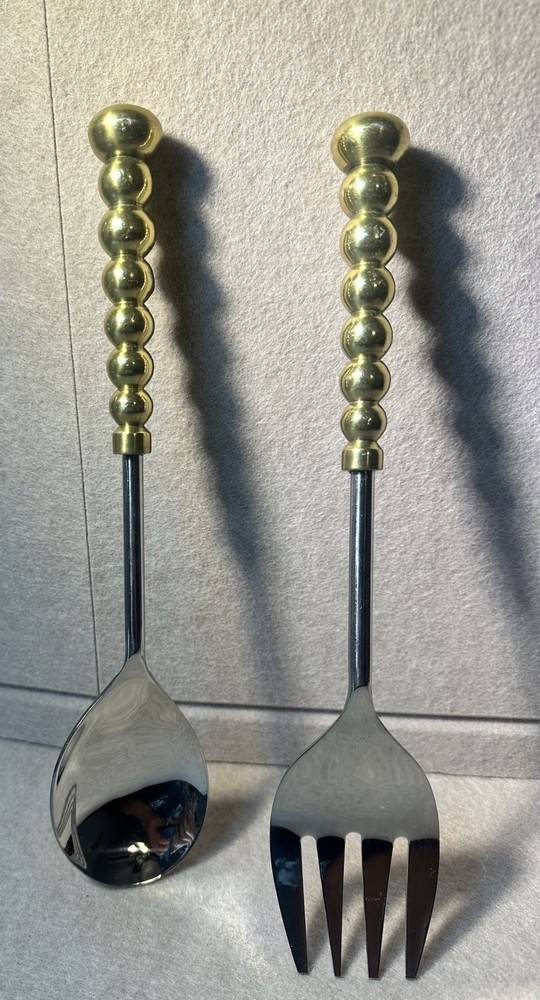 Brass Handle Salad Serving Set Fork & Spoon 11 .5"