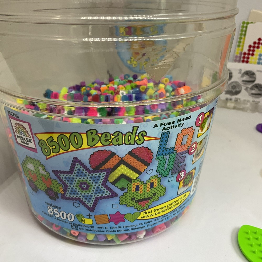 PERLER fuse beads bucket #42769 with 7 pegboards, String, Patterns