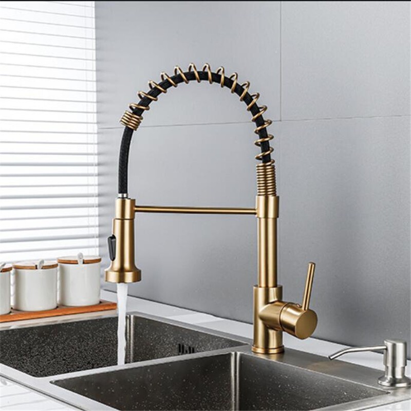 Brushed Gold Spring Kitchen Sink Faucet Pull Down Sprayer Swivel Single Handle
