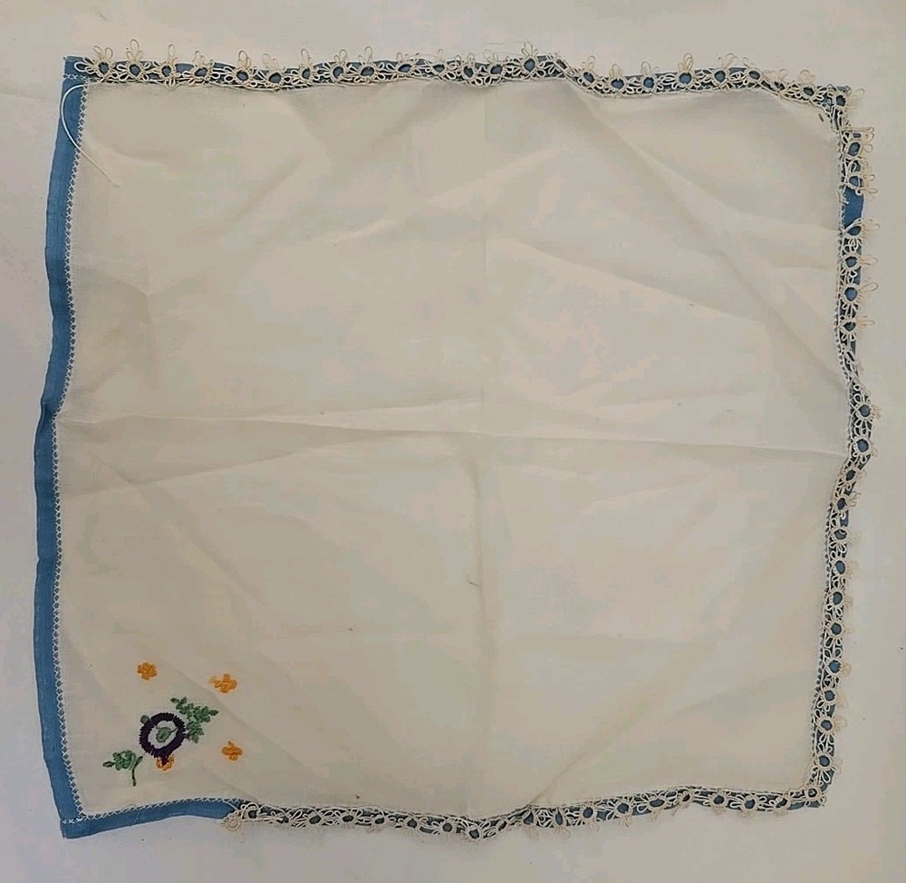 Unfinished Hankerchief w/partially Tatted Edge, Tatting Bits, Thread, Shuttle