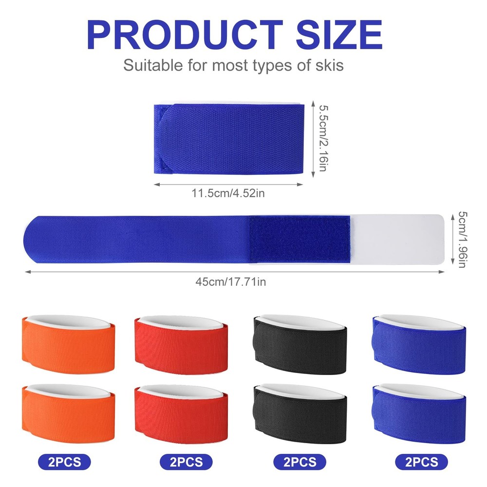 8pcs Ski Fasteners Straps, Adjustable Medium, red, orange, blue, black