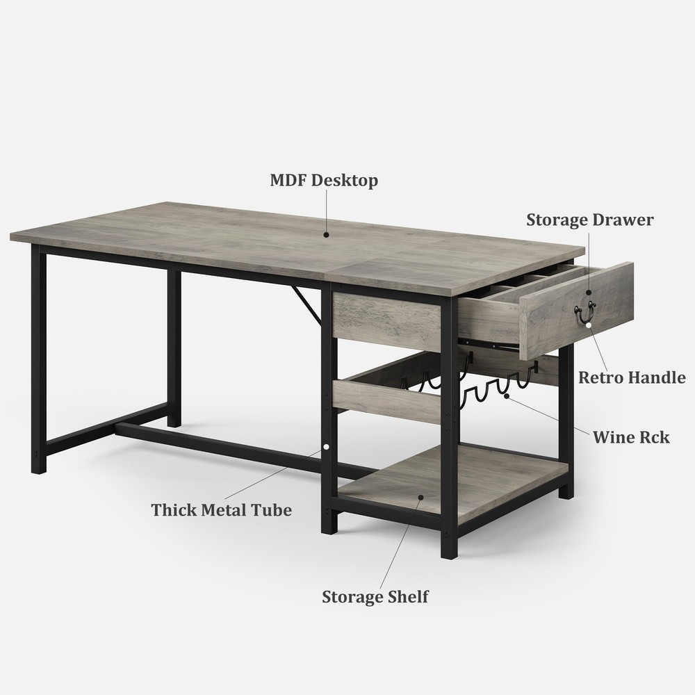 New Dining Table Set for 4 Kitchen Table and 2 Benches, Drawers ,Wine Rack ，Grey