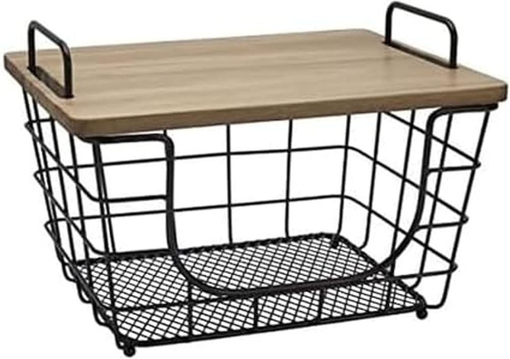 Madam Metal Stacking Nesting Rectangular Basket W/ Acacia Wood Lid Space Saving